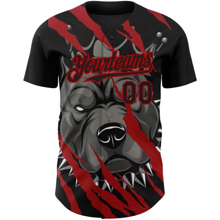 Personalized Pitbull Dog Baseball Jersey in Black and Red - Unique 3D Design Personalized Black Red 3D Animal Pitbull Dog