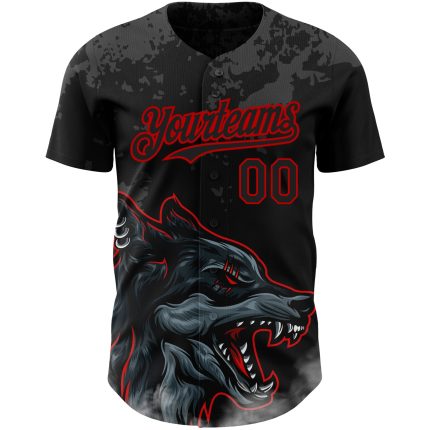 Personalized 3D Animal Wolf Baseball Jersey - Black Red Custom Sports Apparel Personalized Black Red 3D Animal Wolf Baseball