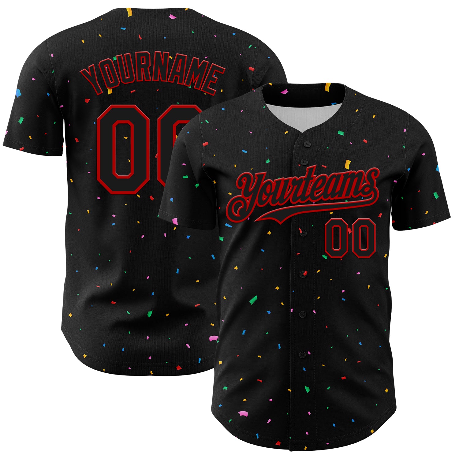 Personalized 3D Confetti Baseball Jersey in Black and Red for Custom Style Personalized Black Red 3D Confetti Baseball Jersey