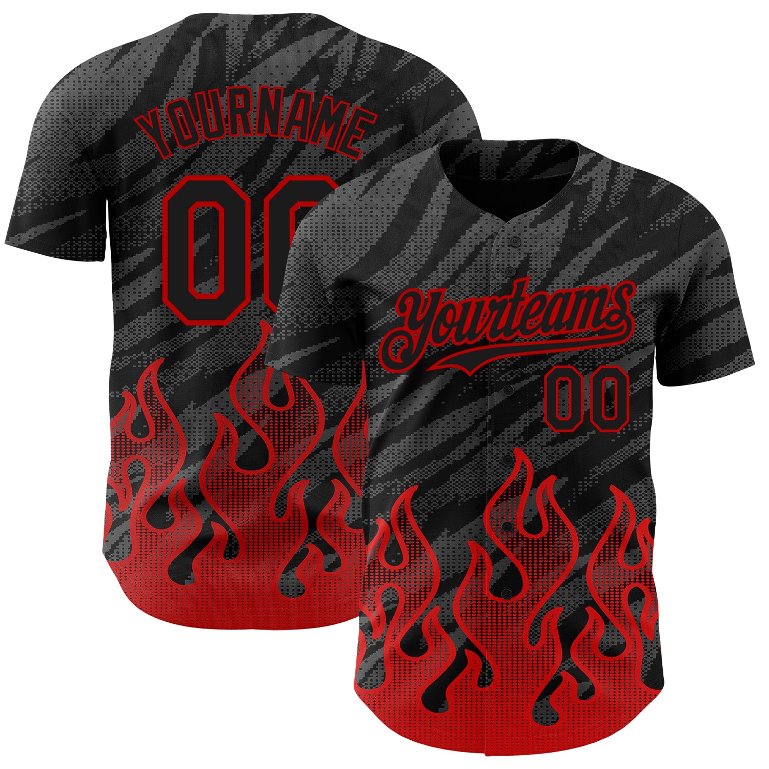 Personalized 3D Flame Baseball Jersey in Black and Red - Custom Sports Apparel Personalized Black Red 3D Flame Baseball Jersey
