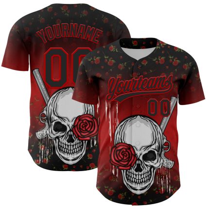 Personalized 3D Gothic Skull Rose Gun Design Baseball Jersey in Black Red Personalized Black Red 3D Gothic Style Skull Rose