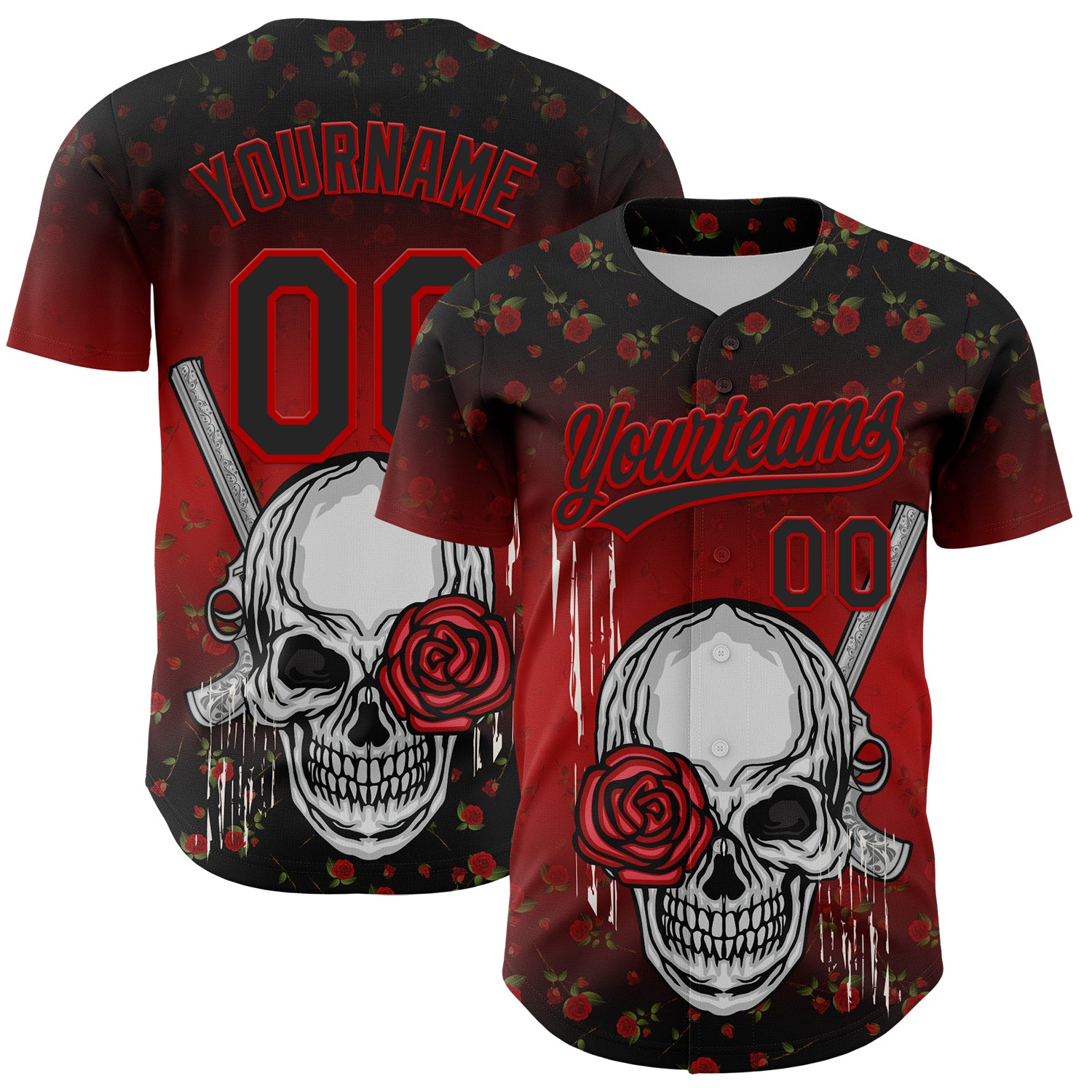Personalized 3D Gothic Skull Rose Gun Design Baseball Jersey in Black Red Personalized Black Red 3D Gothic Style Skull Rose