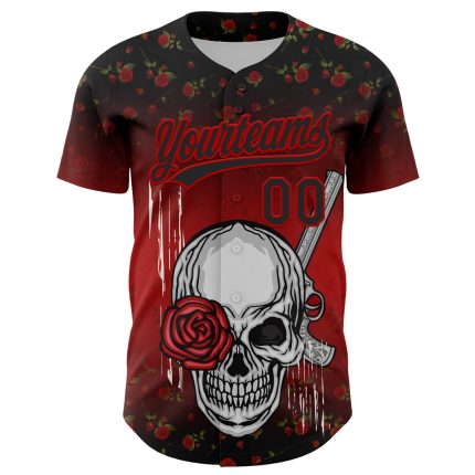 Personalized 3D Gothic Skull Rose Gun Design Baseball Jersey in Black Red Personalized Black Red 3D Gothic Style Skull Rose