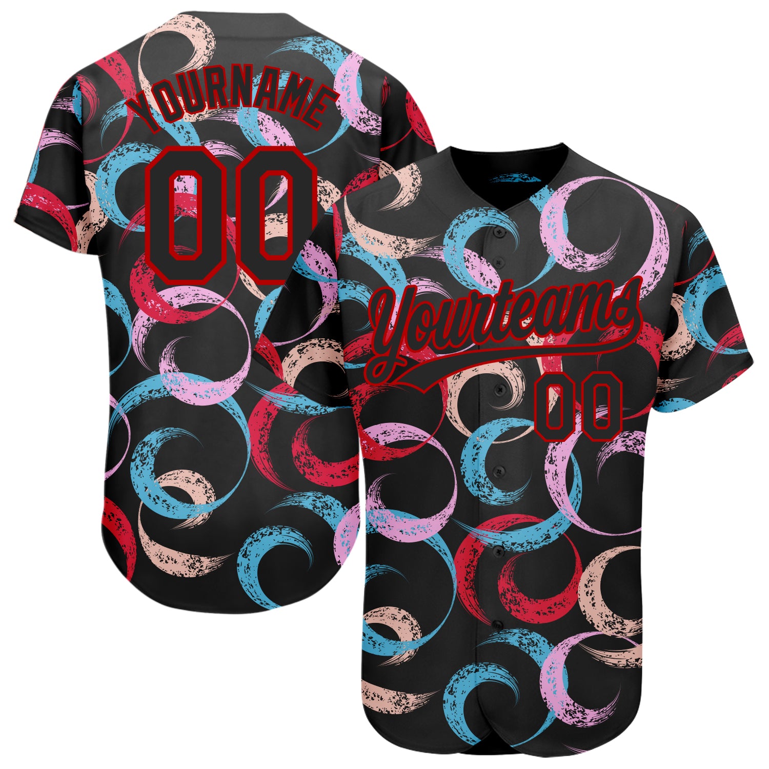Personalized 3D Pattern Grunge Art Baseball Jersey - Custom Team Name & Number in Black Red Color Personalized Black Red