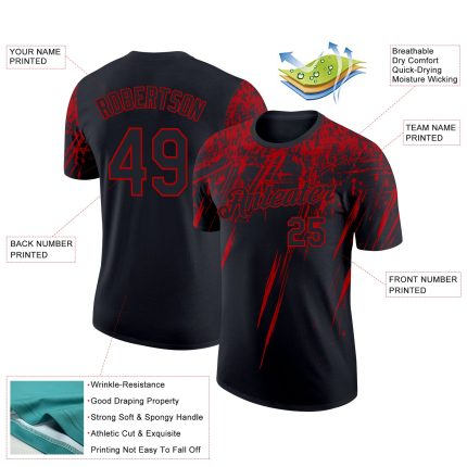 Custom Name and Number Performance T-Shirt - Personalized 3D Black Red Abstract Design with Sharp Shapes Personalized Black
