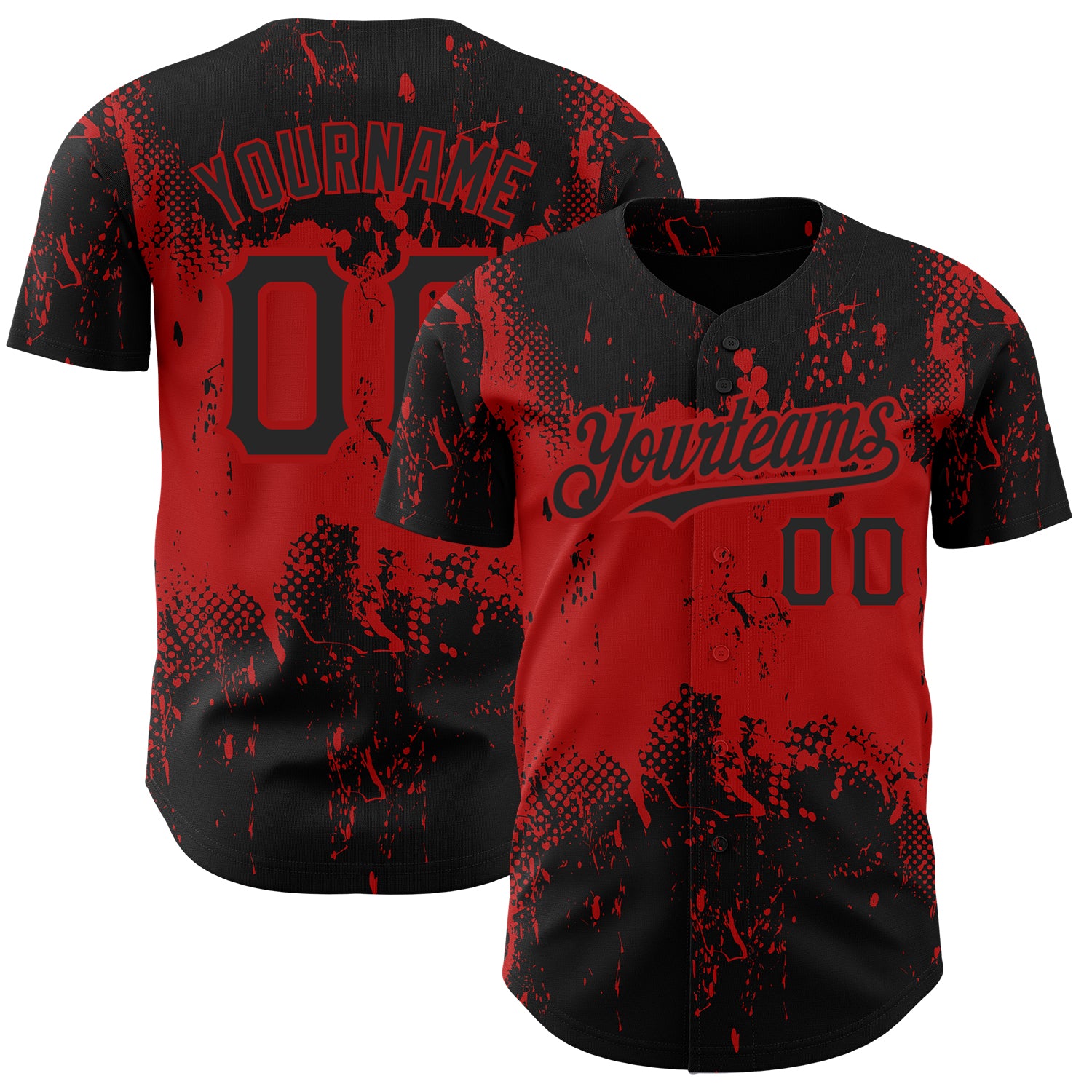 Custom Name and Number Baseball Jersey - Personalized Black Red 3D Abstract Splatter Grunge Art Design Personalized Black