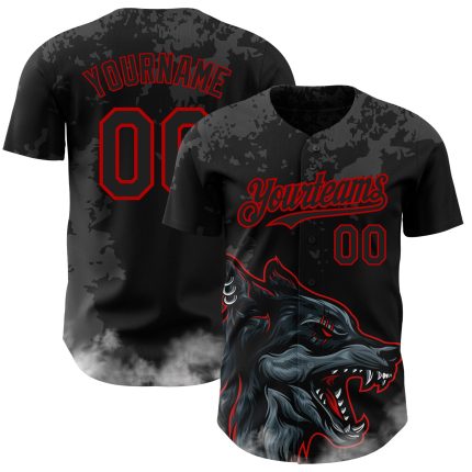 Custom Name and Number Authentic Baseball Jersey - Personalized 3D Wolf Pattern in Black and Red Personalized Black Red 3D