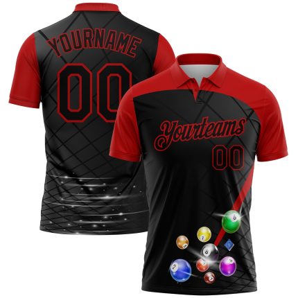 Custom Name and Number Billiards Polo Shirt - Personalized 3D Pattern Design in Black and Red Personalized Black Red 3D Pattern