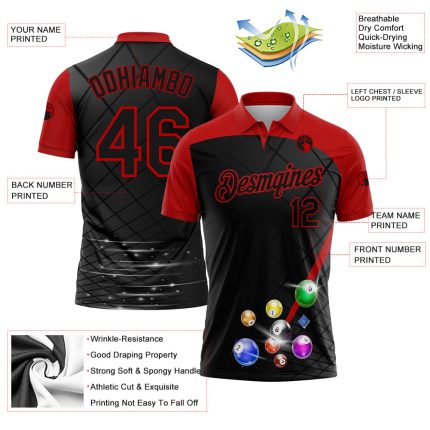 Custom Name and Number Billiards Polo Shirt - Personalized 3D Pattern Design in Black and Red Personalized Black Red 3D Pattern