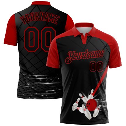 Custom Name and Number Bowling Polo Shirt - Personalized Black Red 3D Performance Design for Teams Personalized Black Red
