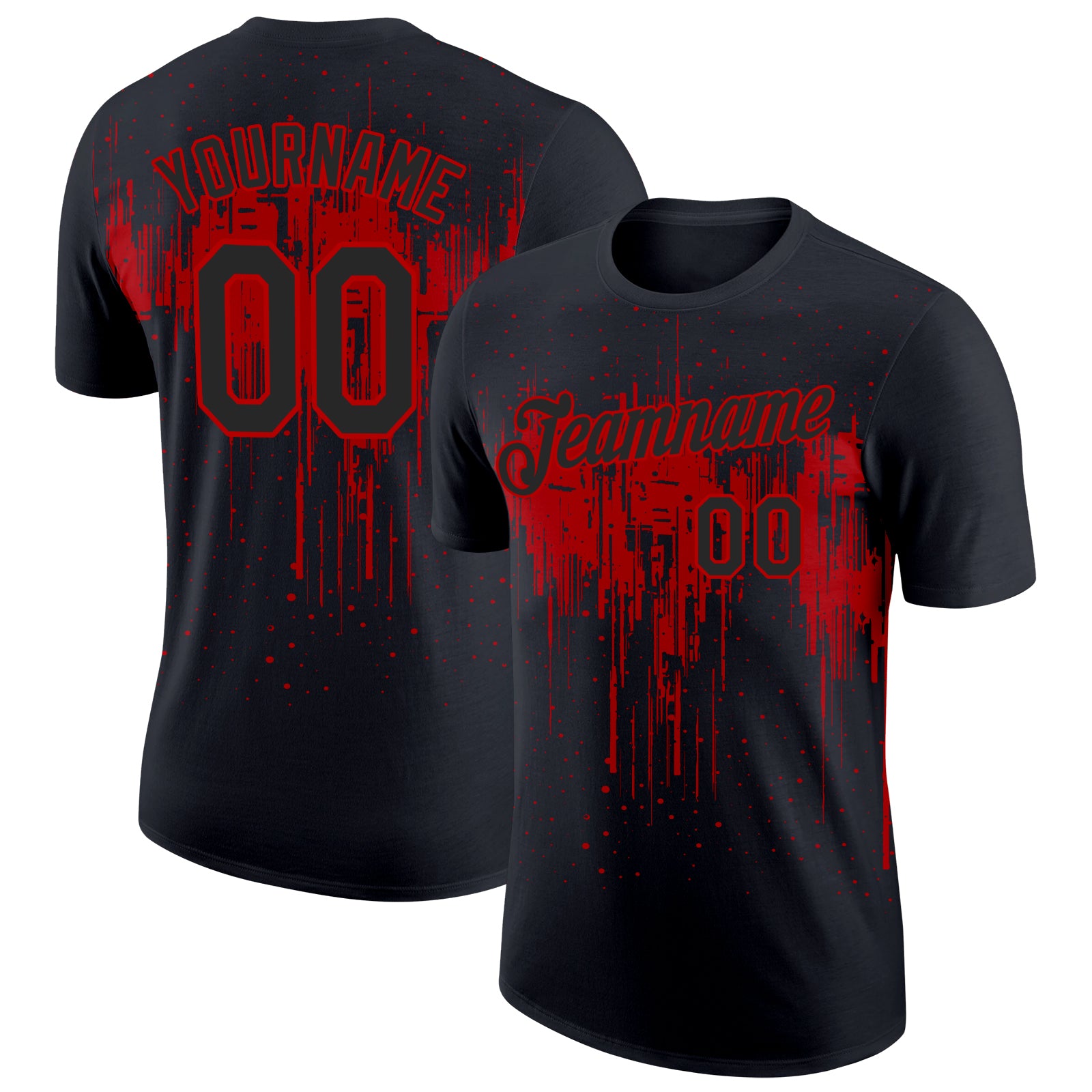 Custom Name & Number Performance T-Shirt - Personalized Black Red Dripping Splatter Art Design, 3D Pattern Personalized Black