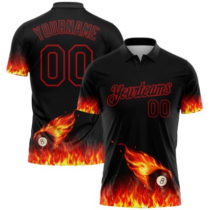 Custom Name Number 3D Flame Design Billiards Polo Shirt - Personalized Black Red Performance Apparel Personalized Black Red