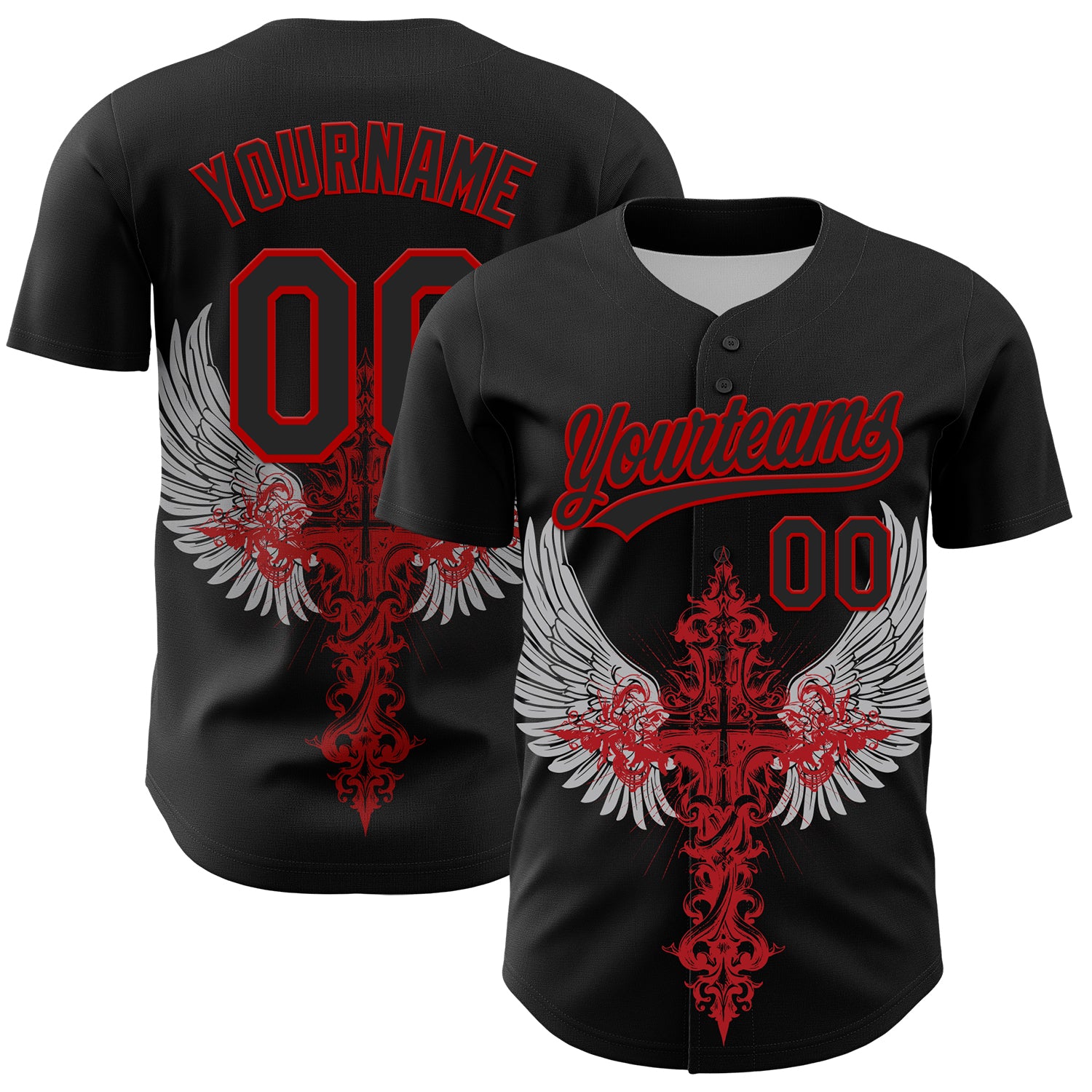 Custom Name Number Gothic Style 3D Pattern Black Red Cross Wings Baseball Jersey Personalized Black Red 3D Pattern Design