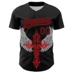Custom Name Number Gothic Style 3D Pattern Black Red Cross Wings Baseball Jersey Personalized Black Red 3D Pattern Design