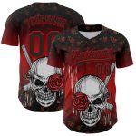 Custom Name and Number Gothic Skull with Rose and Gun 3D Pattern Red Black Baseball Jersey Personalized Black Red 3D Pattern