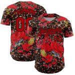 Custom Name Number Baseball Jersey, Personalized Black Red 3D Northeast China Big Flower Leopard Print Design Personalized