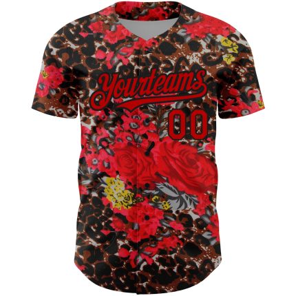 Custom Name Number Baseball Jersey, Personalized Black Red 3D Northeast China Big Flower Leopard Print Design Personalized