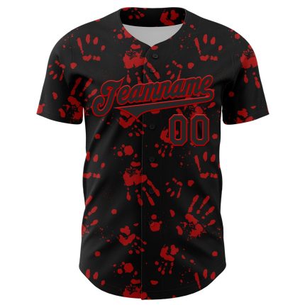 Personalized Rave Baseball Jersey with 3D Bloody Handprint Design - Custom Name & Number in Black and Red Colors Personalized