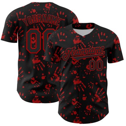 Personalized Rave Baseball Jersey with 3D Bloody Handprint Design - Custom Name & Number in Black and Red Colors Personalized