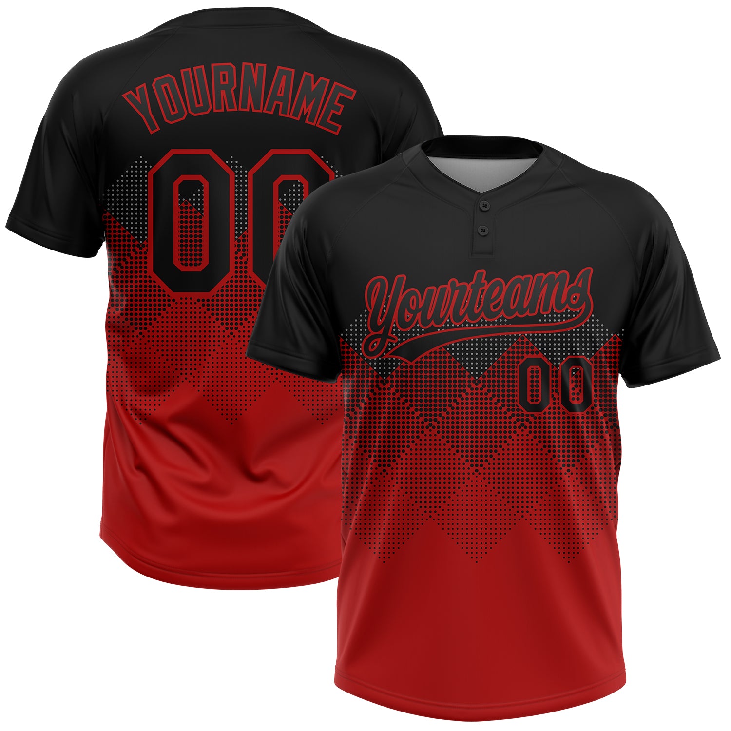 Custom Unisex Softball Jersey with Personalized Name and Number, Black Red 3D Gradient Square Pattern, Two-Button Design