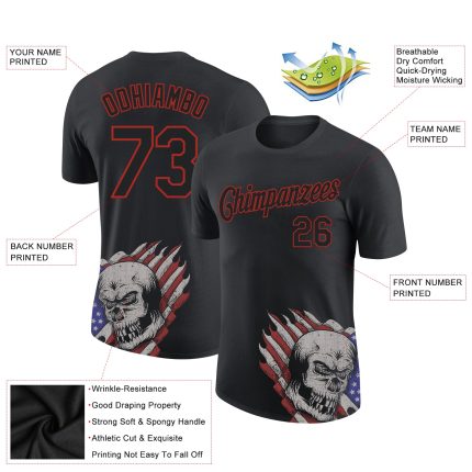 Personalized 3D Skull American Flag T-Shirt - Black & Red Performance Tee Personalized Black Red 3D Skull American Flag Performance