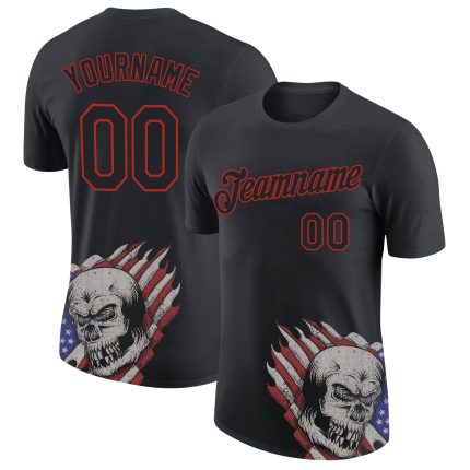 Personalized 3D Skull American Flag T-Shirt - Black & Red Performance Tee Personalized Black Red 3D Skull American Flag Performance