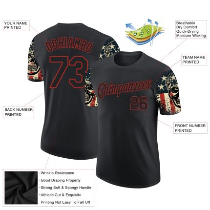 3D Skull American Flag T-Shirt - Personalized Black and Red Performance Tee Personalized Black Red 3D Skull American Flag