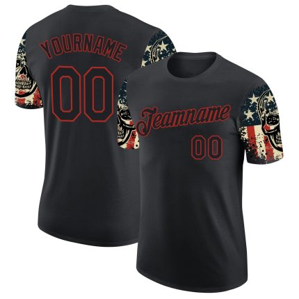 3D Skull American Flag T-Shirt - Personalized Black and Red Performance Tee Personalized Black Red 3D Skull American Flag