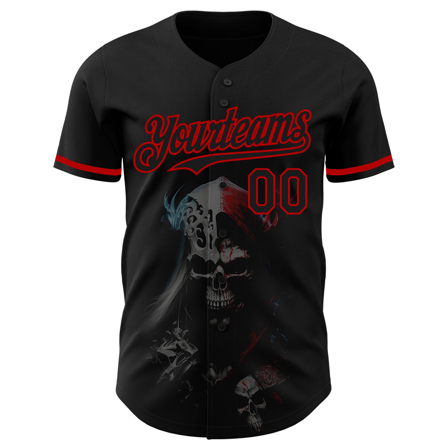 Personalized 3D Skull Baseball Jersey in Black and Red Fashion Style Personalized Black Red 3D Skull Fashion Baseball Jersey - Image 2
