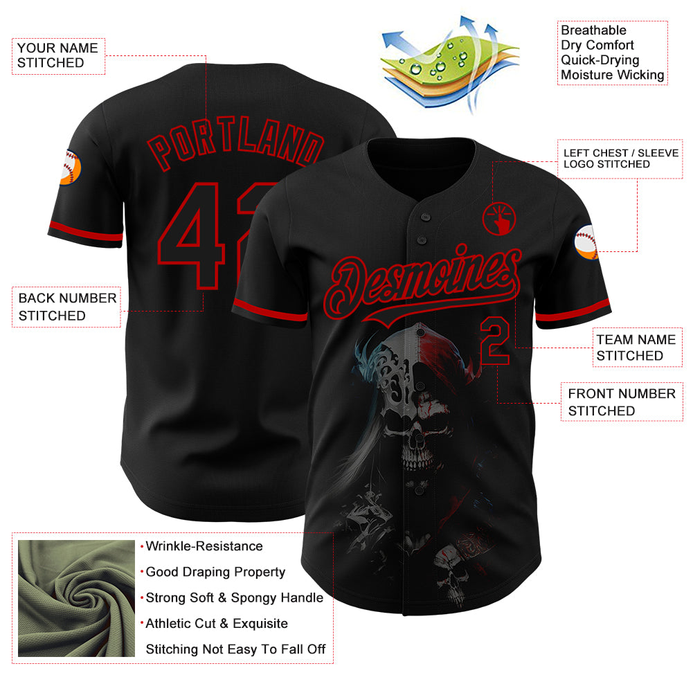 Personalized 3D Skull Baseball Jersey in Black and Red Fashion Style Personalized Black Red 3D Skull Fashion Baseball Jersey - Image 3