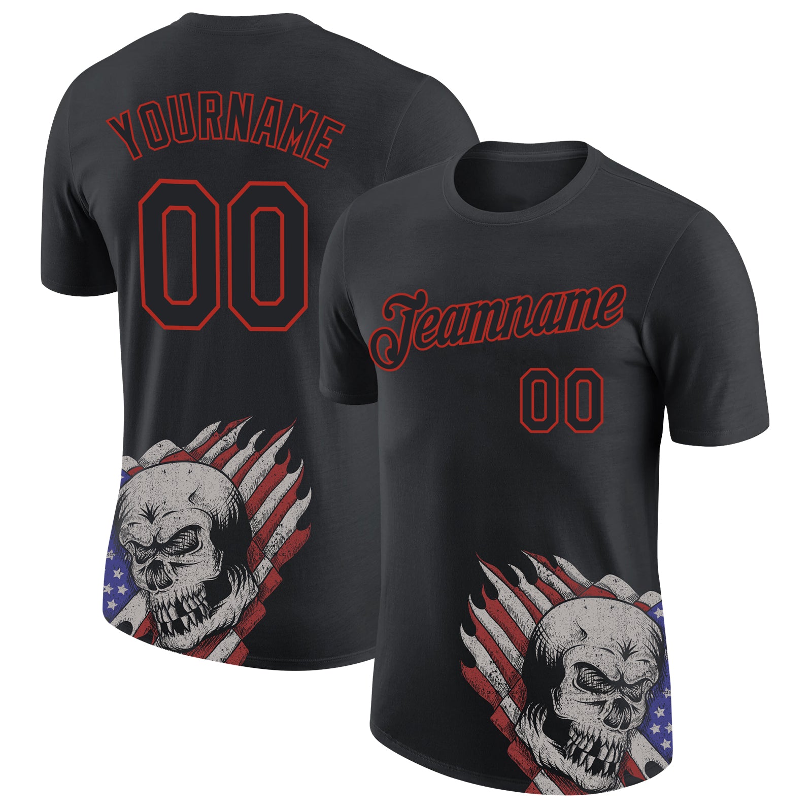 Personalized 3D Skull American Flag T-Shirt - Black Red Performance Tee Personalized Black Red 3D Skull With American Flag