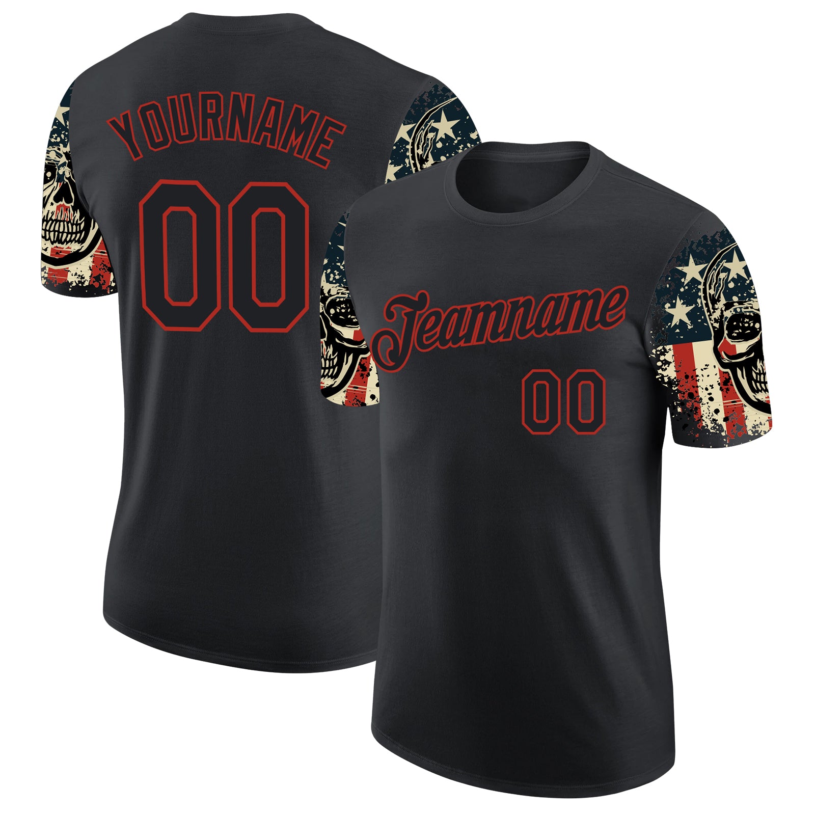 Custom Name and Number Personalized 3D Skull T-Shirt with American Flag - Black Red Performance Tee Personalized Black Red