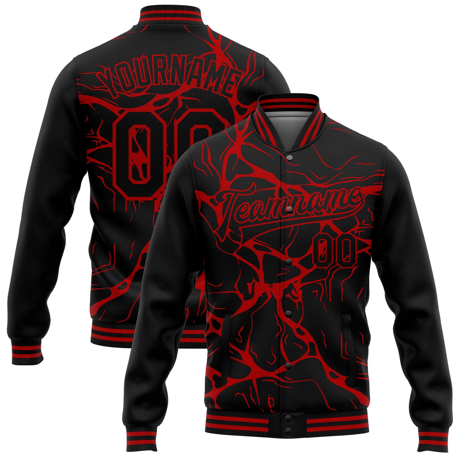 Custom Name Number Bomber Jacket Personalized Black Red Abstract 3D Pattern Varsity Letterman Design for Teams Personalized