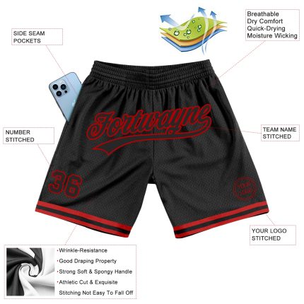 Custom Name Number Personalized Black Red Basketball Shorts Authentic Throwback Personalized Black Red Authentic Throwback