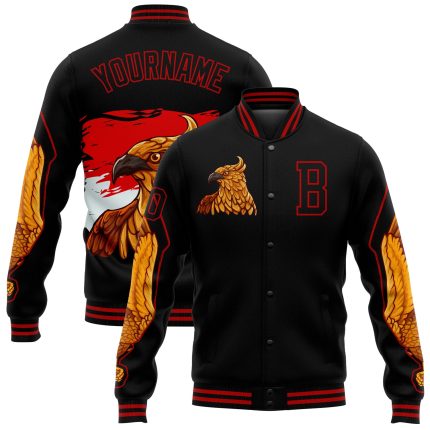 Personalized Bangkok Rooster 3D Black and Red Varsity Letterman Bomber Jacket Personalized Black Red Bangkok Rooster 3D Bomber