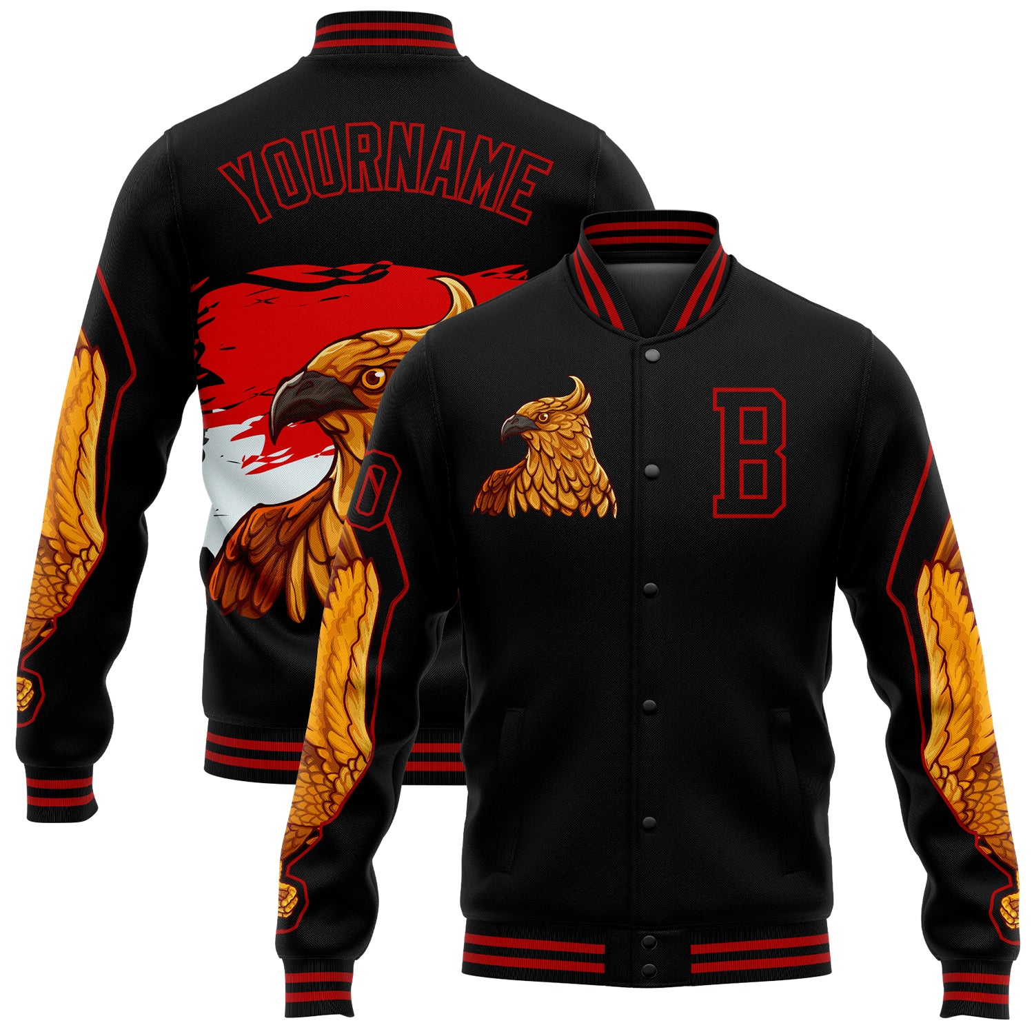 Custom Name and Number Black Red Bangkok Rooster 3D Pattern Varsity Jacket Bomber Full-Snap Letterman Design Personalized