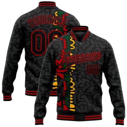 Black History Month Personalized 3D Bomber Varsity Letterman Jacket - Full-Snap Design in Black and Red Personalized Black
