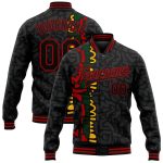 Custom Black Red 3D Pattern Bomber Jacket for Black History Month, Personalized Varsity Letterman with Custom Name and Number