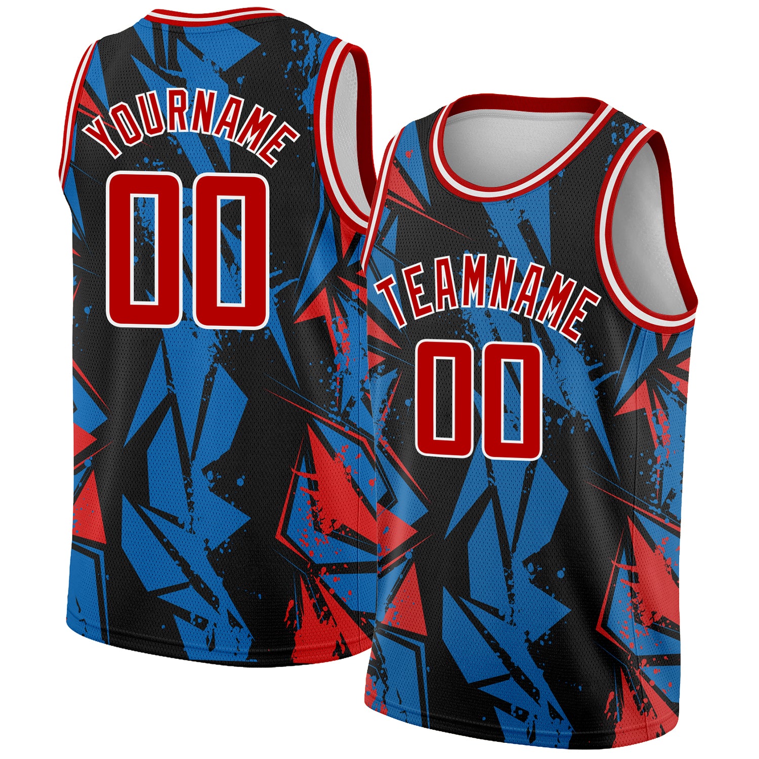 Personalized 3D Geometric Shapes Basketball Jersey in Black Red-Blue Personalized Black Red-Blue 3D Geometric Shapes Basketball