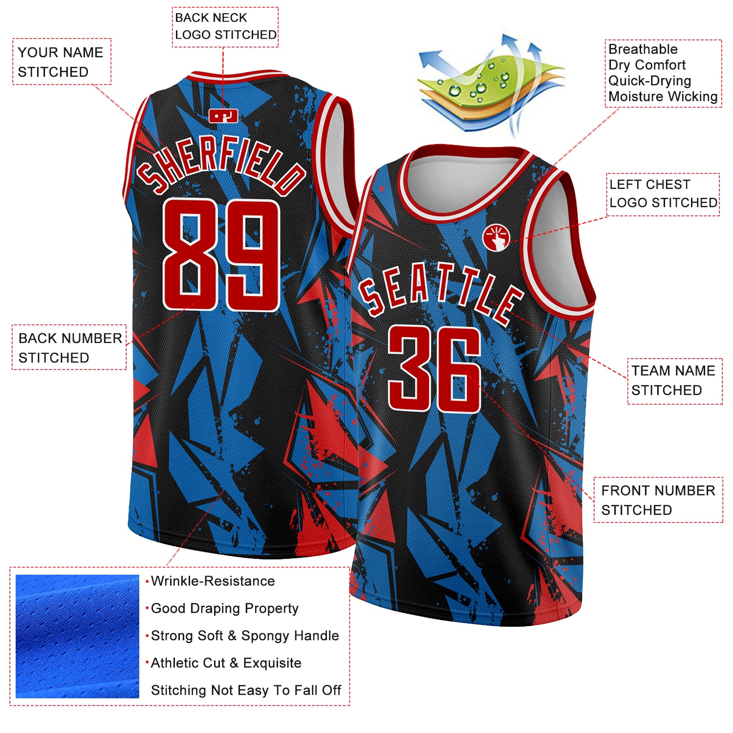 Personalized 3D Geometric Shapes Basketball Jersey in Black Red-Blue Personalized Black Red-Blue 3D Geometric Shapes Basketball - Image 2