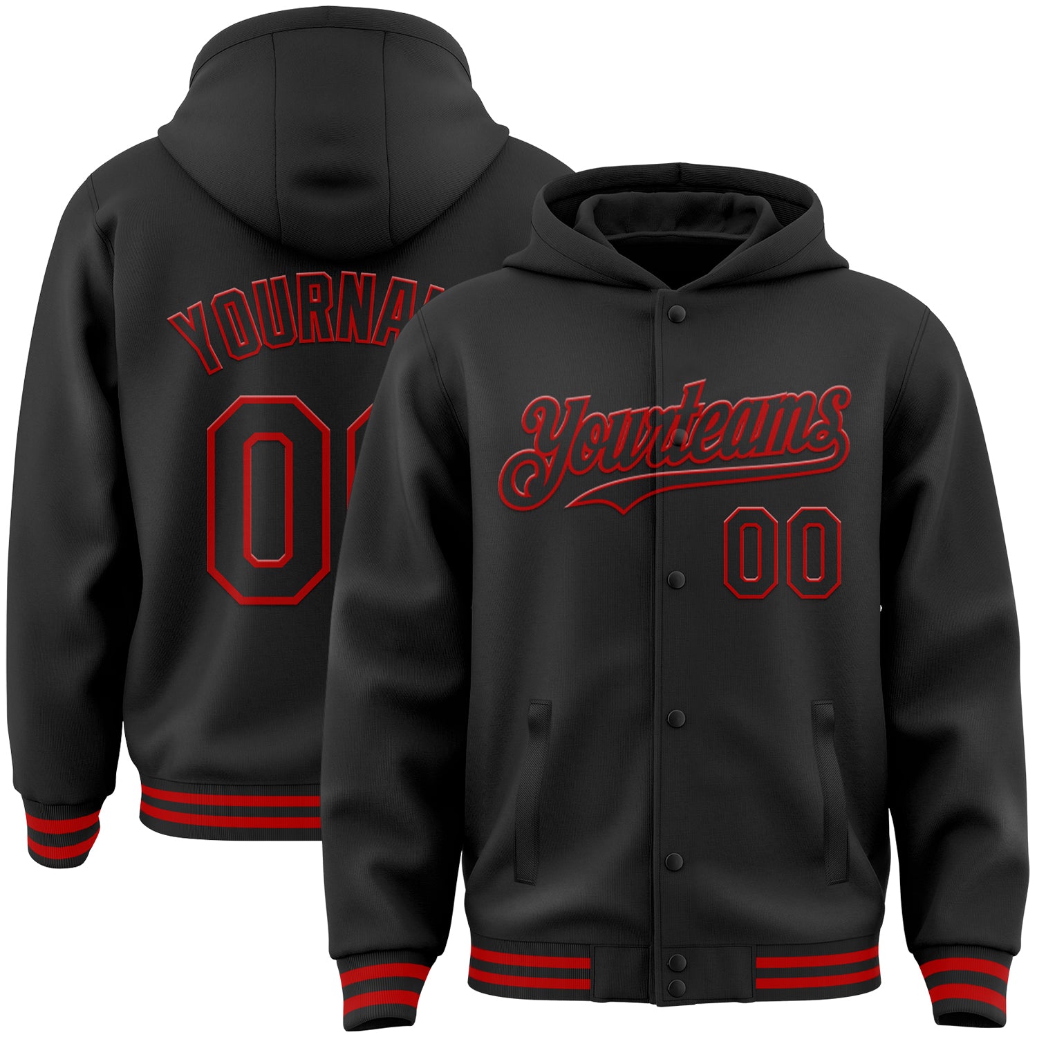 Custom Name Number Black Red Varsity Letterman Bomber Hoodie Jacket - Personalized Full-Snap Team Apparel Personalized Black