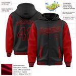 Custom Team Name Number Black Red Two-Tone Varsity Bomber Hoodie Jacket Full-Snap Personalized Black Red Bomber Full-Snap