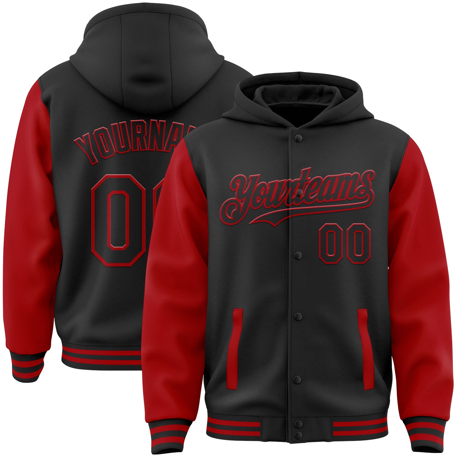 Custom Team Name Number Black Red Two-Tone Varsity Bomber Hoodie Jacket Full-Snap Personalized Black Red Bomber Full-Snap
