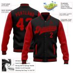 Personalized Two Tone Varsity Letterman Jacket Black Red Full-Snap Bomber Personalized Black Red Bomber Full-Snap Varsity