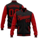 Personalized Two Tone Varsity Letterman Jacket Black Red Full-Snap Bomber Personalized Black Red Bomber Full-Snap Varsity