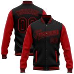 Personalized Black Red Varsity Letterman Bomber Jacket - Two Tone Full-Snap Design Personalized Black Red Bomber Full-Snap