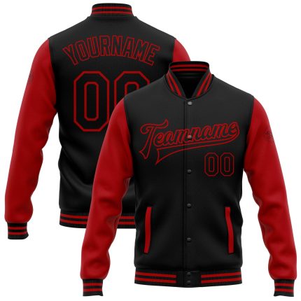 Personalized Black Red Varsity Letterman Bomber Jacket - Two Tone Full-Snap Design Personalized Black Red Bomber Full-Snap