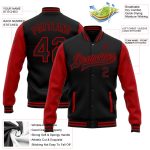 Personalized Black Red Varsity Letterman Bomber Jacket - Two Tone Full-Snap Design Personalized Black Red Bomber Full-Snap