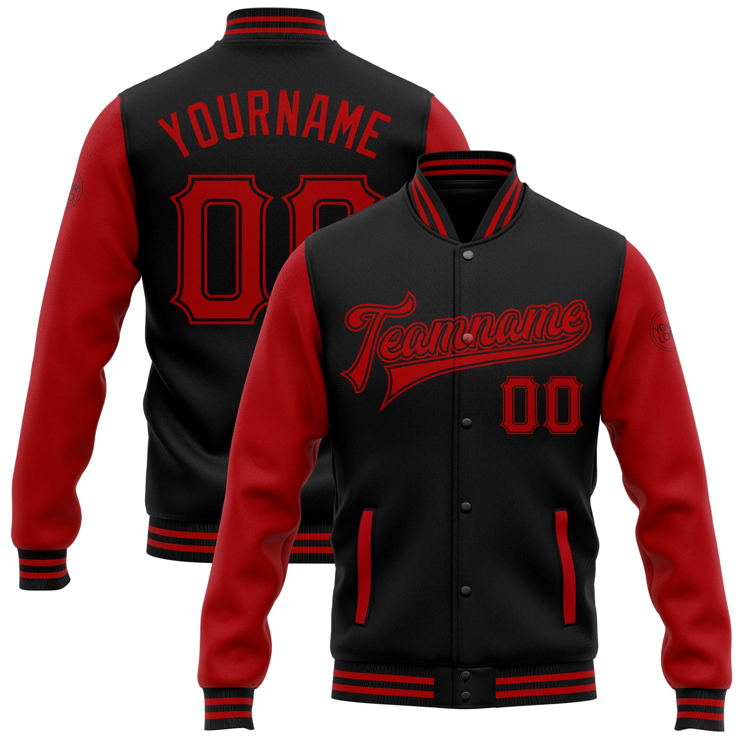 Personalized Black Red Varsity Letterman Bomber Jacket Two Tone Full-Snap Personalized Black Red Bomber Full-Snap Varsity