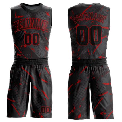 Customizable Basketball Jersey with Black Red Bright Lines, Round Neck Sublimation Suit Personalized Black Red Bright Lines